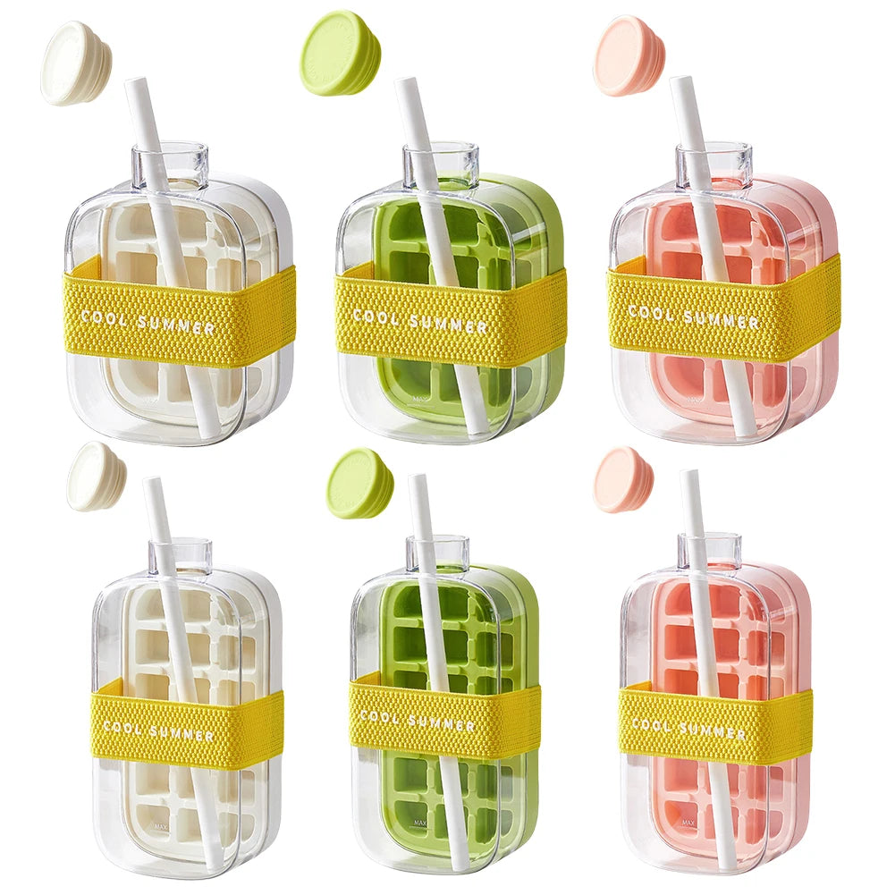 2-In-1 Ice Maker Ice Cube Bottle One-Click 500/800Ml Ice Mold Cooler Cup with Straw Lce Making Cup Outdoor Fitness Drink