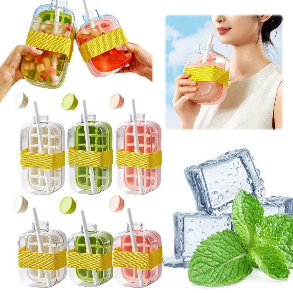 2-In-1 Ice Maker Ice Cube Bottle One-Click 500/800Ml Ice Mold Cooler Cup with Straw Lce Making Cup Outdoor Fitness Drink