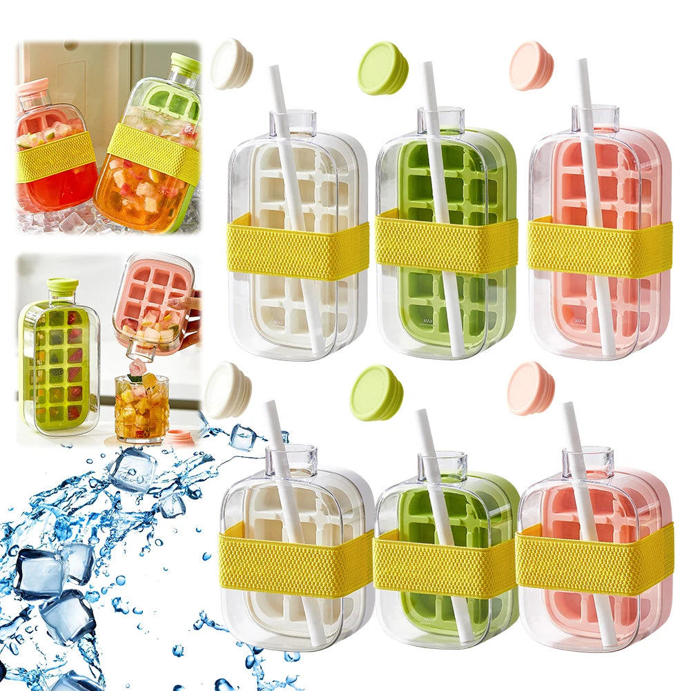2-In-1 Ice Maker Ice Cube Bottle One-Click 500/800Ml Ice Mold Cooler Cup with Straw Lce Making Cup Outdoor Fitness Drink